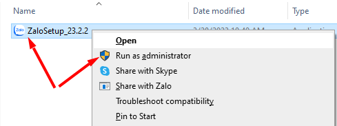 Chọn chuột phải và chọn Run as administrator để cài đặt Zalo PC