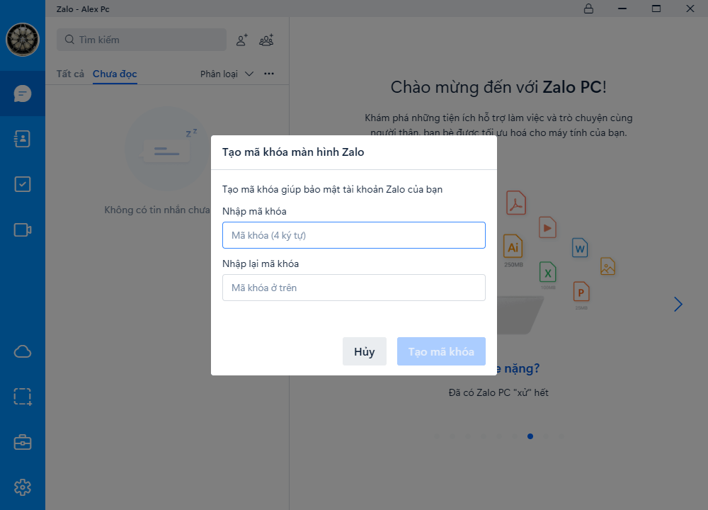 Xuất hiện hộp thoại tạo mật khẩu Zalo PC