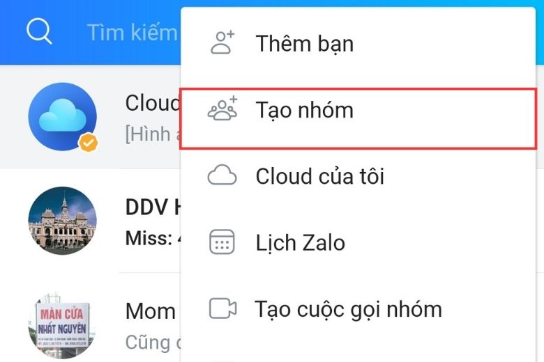 Tạo nhóm trên ứng dụng Zalo tại biểu tượng dấu +