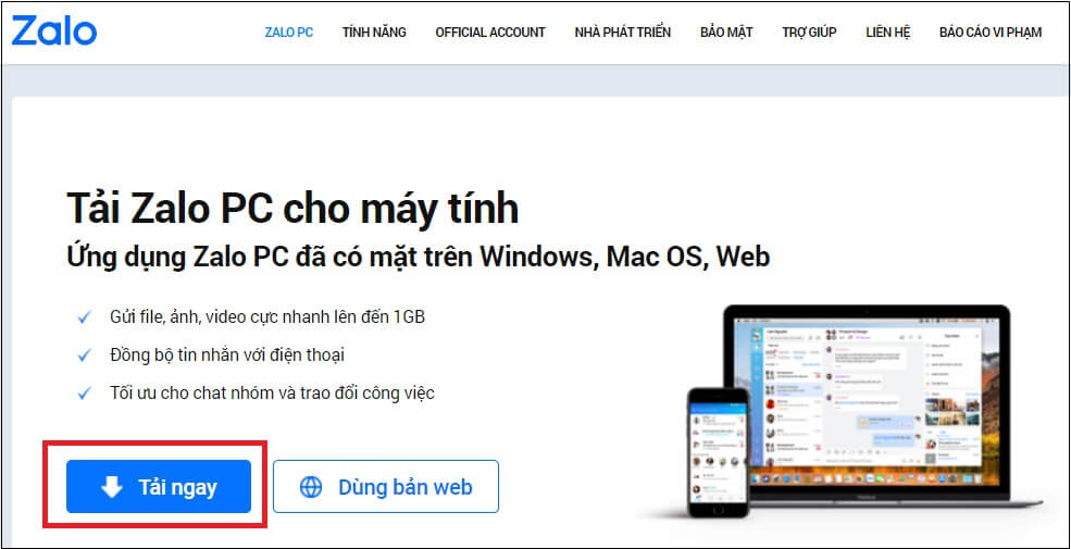 Truy cập vào website của zalo để tải ứng dụng về trên máy tính