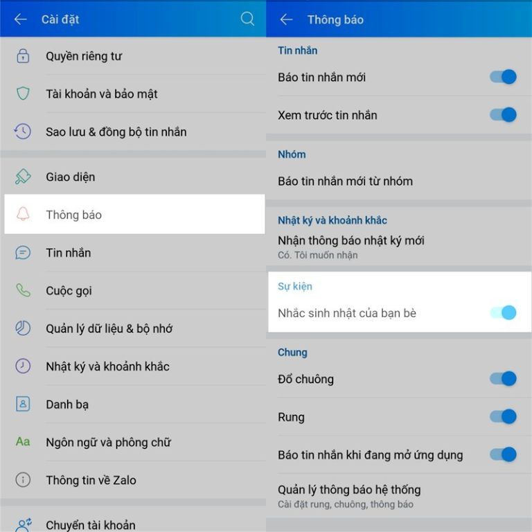 Cách bật thông báo sinh nhật trên Zalo